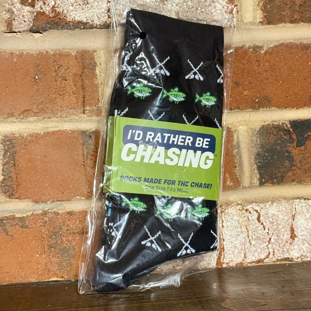 I'd Rather Be Chasing Fishing Socks Mens Navy Blue Green Fish Novelty Crew Socks